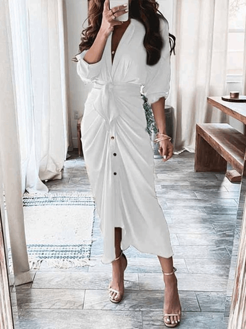Ruched Empire-Waist V-Neck Dress