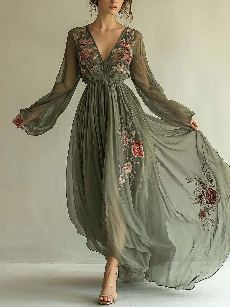 Floral Embroidered Chiffon Maxi Dress