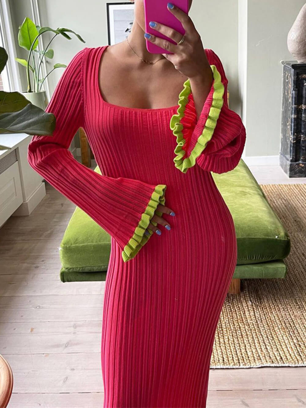Bell Sleeve Square Neck Knit Dress