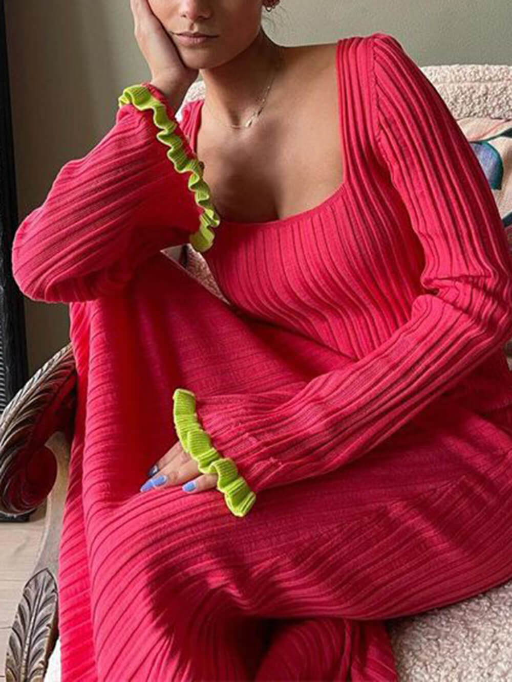 Bell Sleeve Square Neck Knit Dress