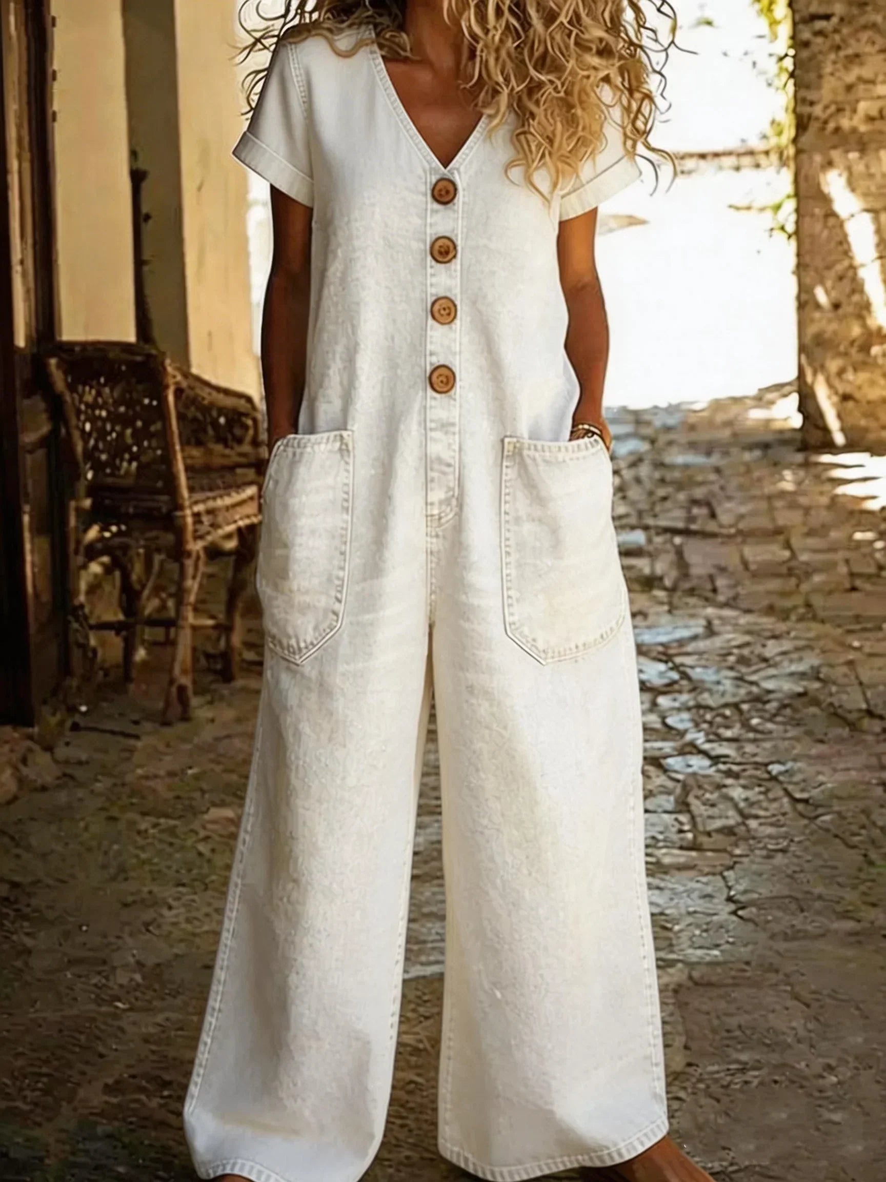Wide Leg V-Neck Denim Jumpsuit