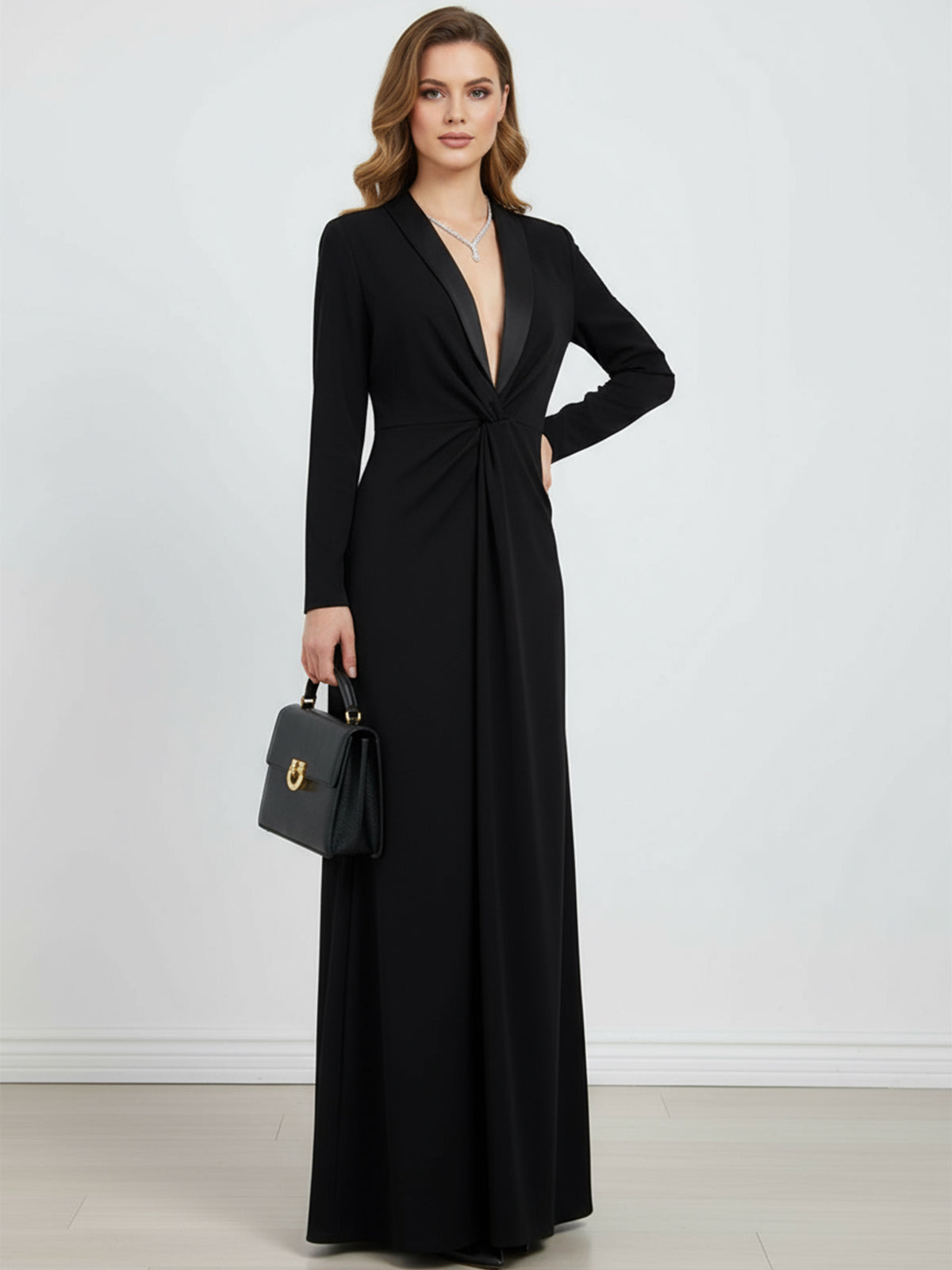 Tuxedo Lapel Twist Front Maxi Dress