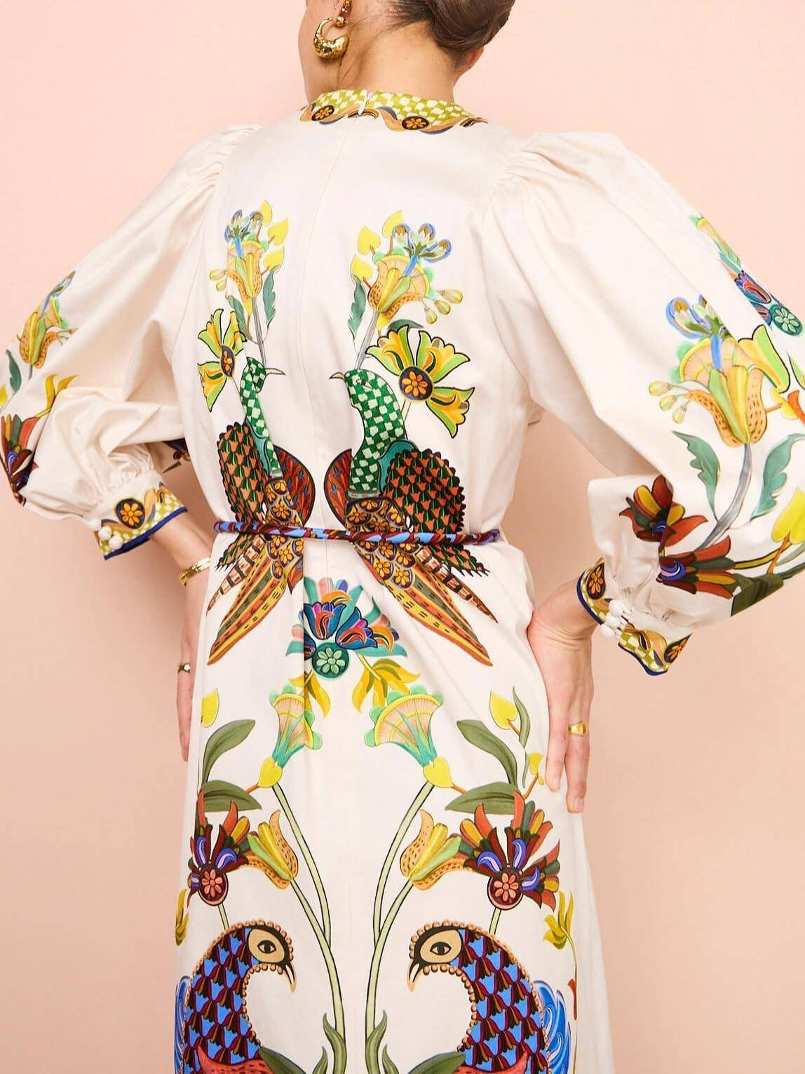 Puff-Sleeve Doodle Print Midi Dress