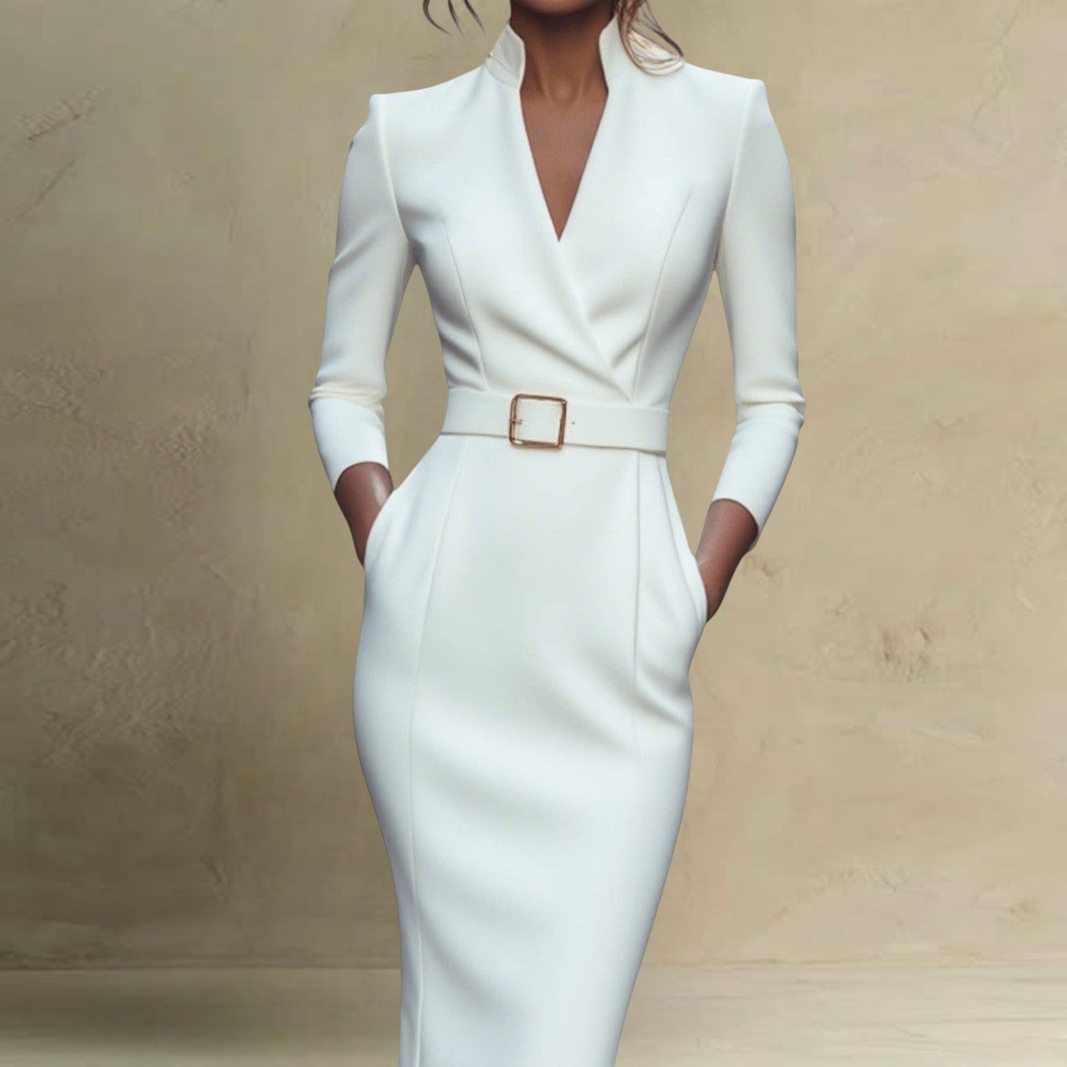 Belted Gold-Buckle Pencil Dress