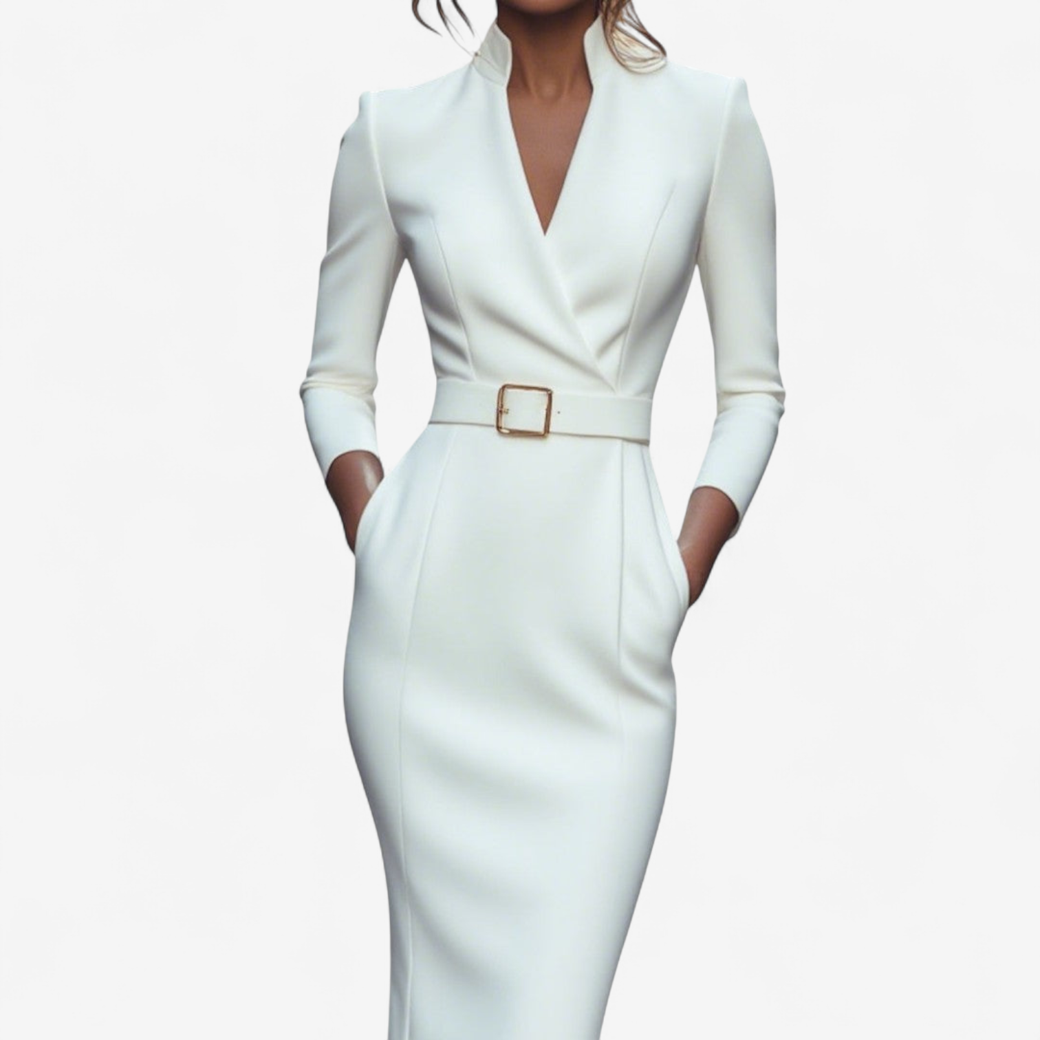 Belted Gold-Buckle Pencil Dress
