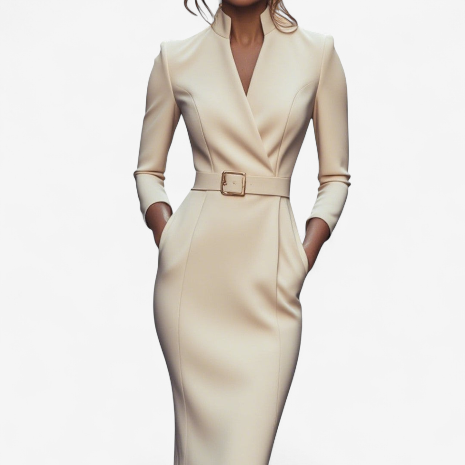 Belted Gold-Buckle Pencil Dress