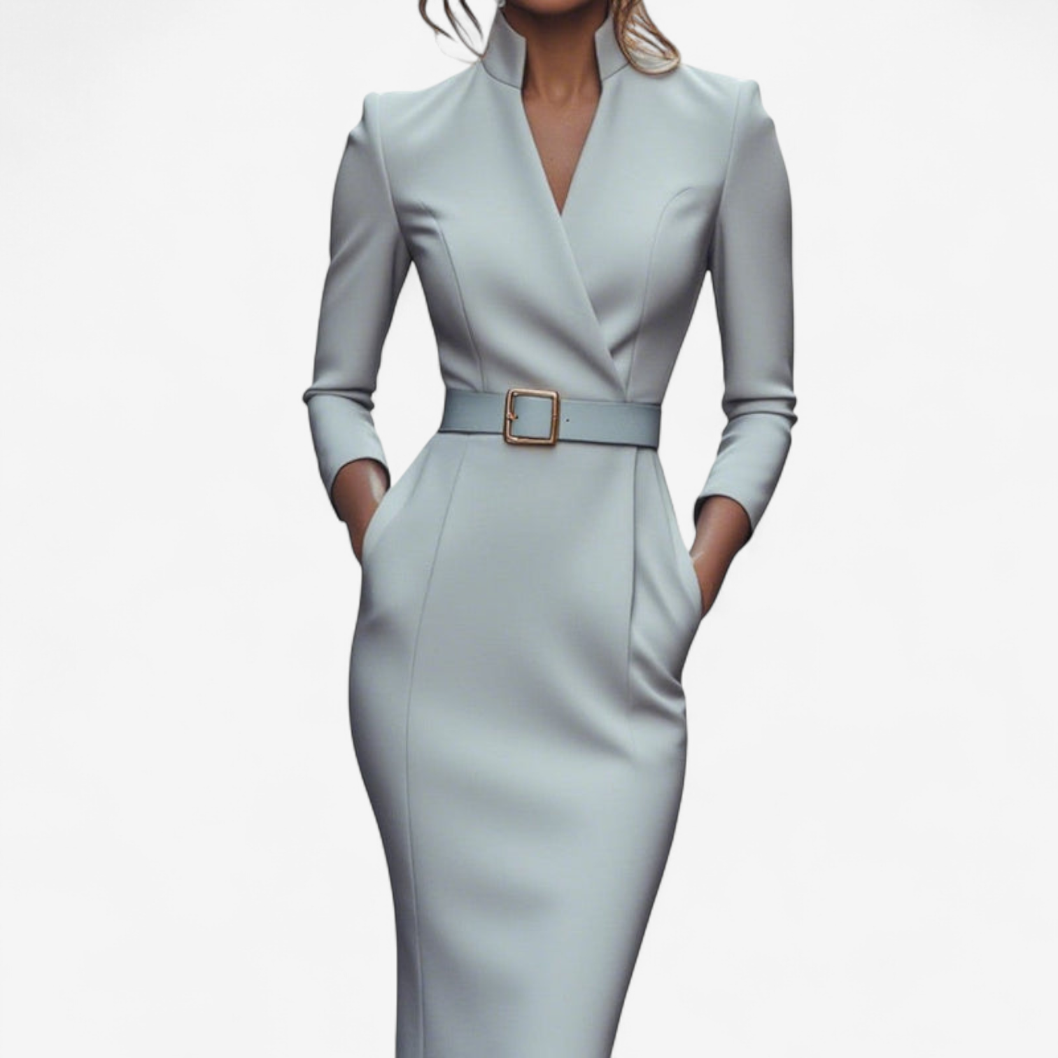 Belted Gold-Buckle Pencil Dress