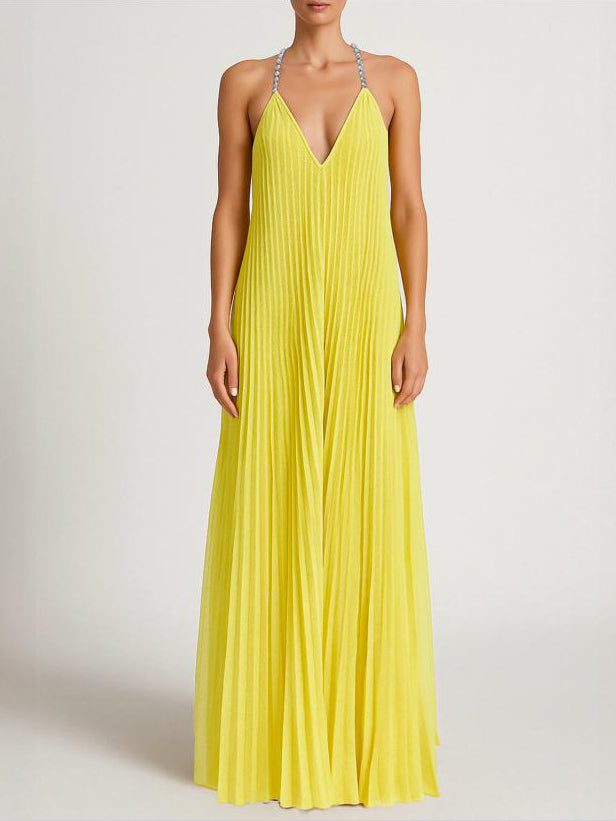 Pleated Backless V-Neck Maxi Dress