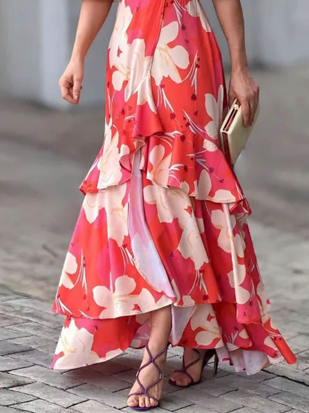 Layered V-Neck Print Maxi Dress