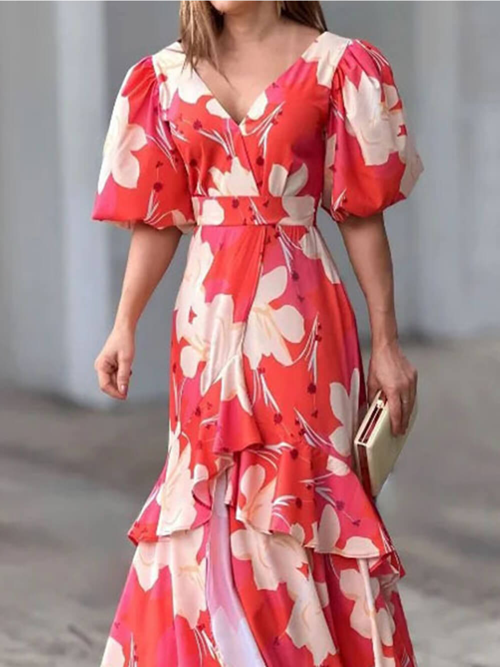 Layered V-Neck Print Maxi Dress