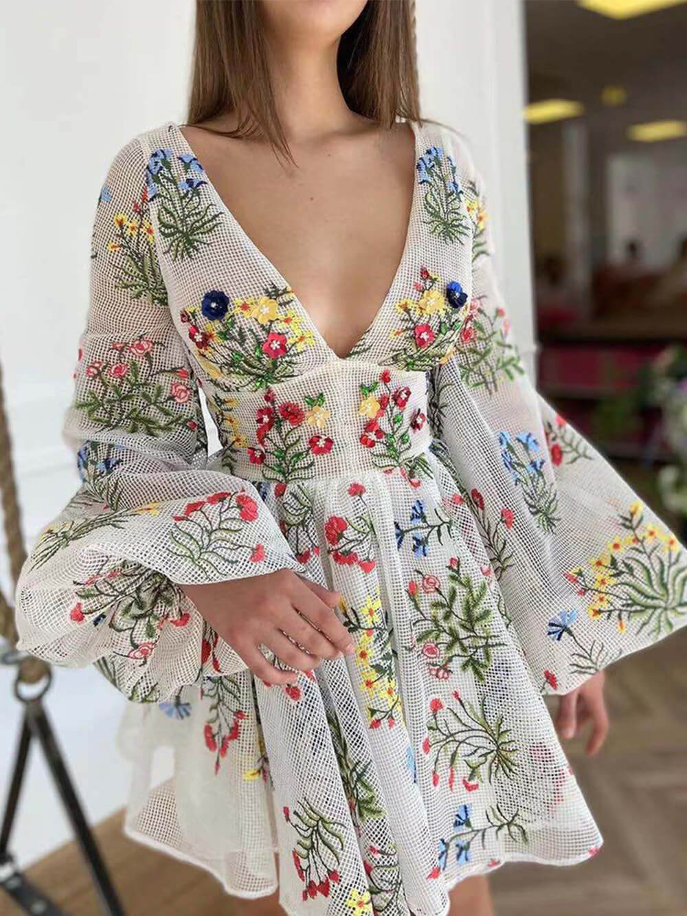 Lantern Sleeve Cut-Out Mini Dress
