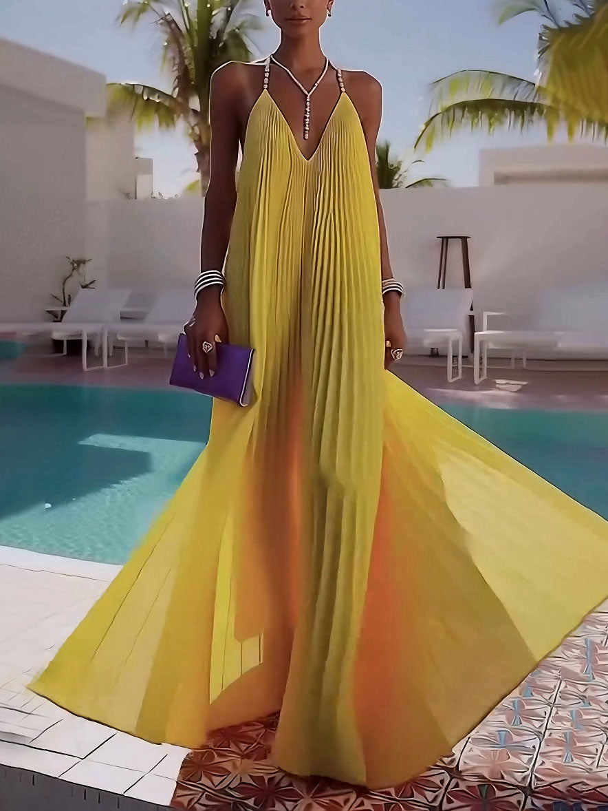 Pleated Backless V-Neck Maxi Dress