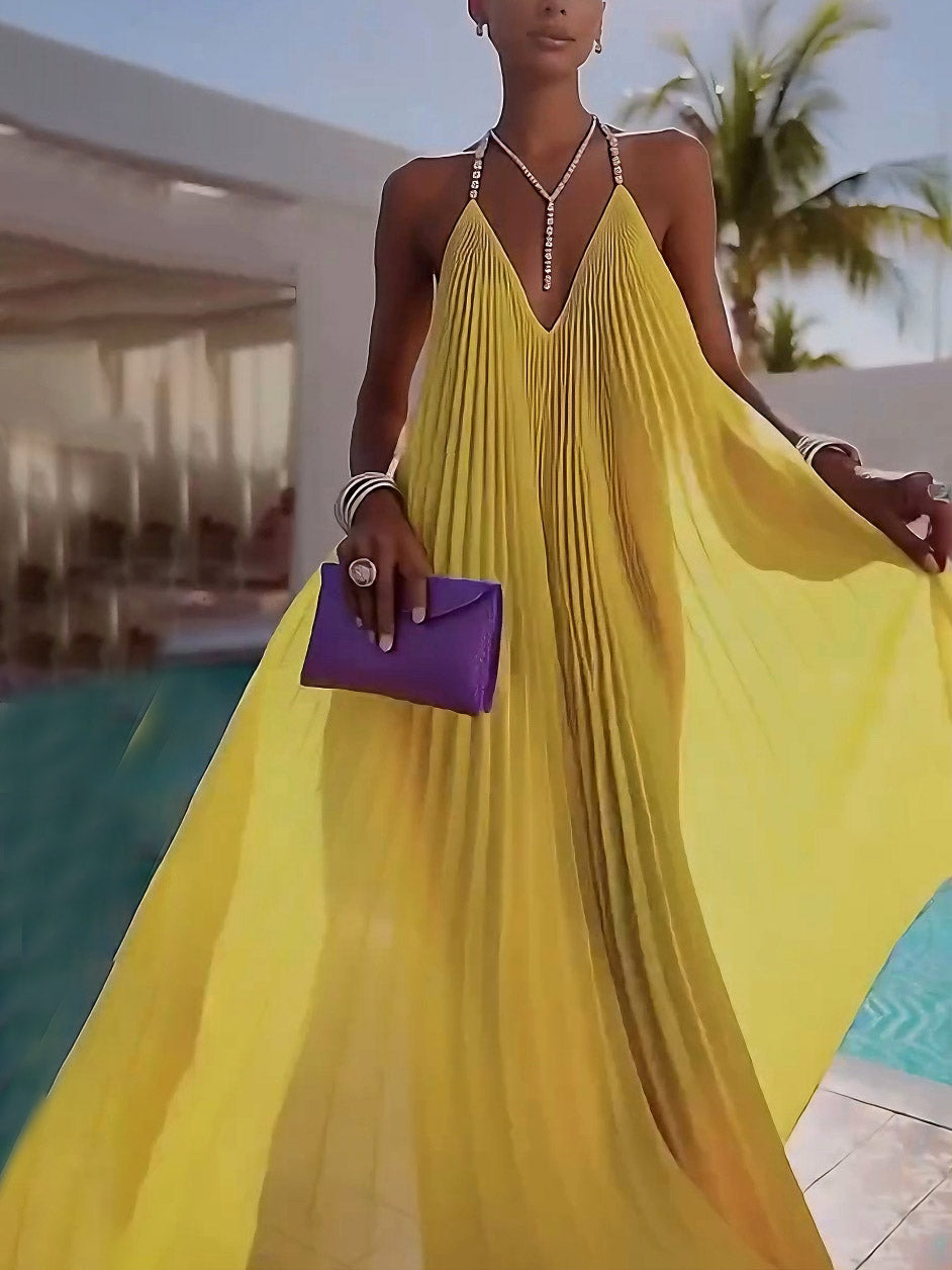 Pleated Backless V-Neck Maxi Dress