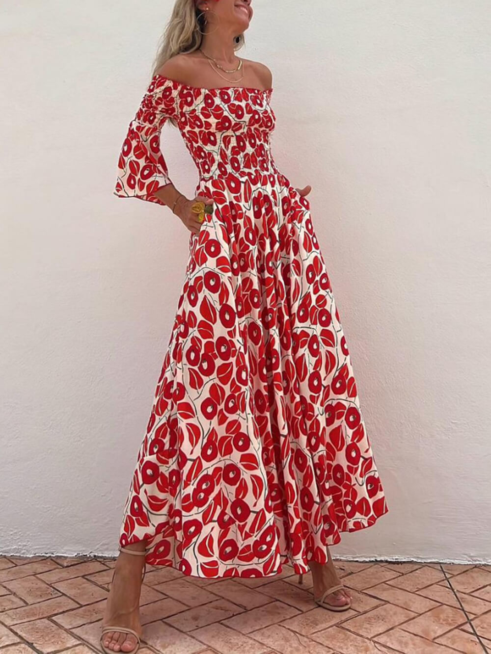 Off-Shoulder Smocked Maxi Dress