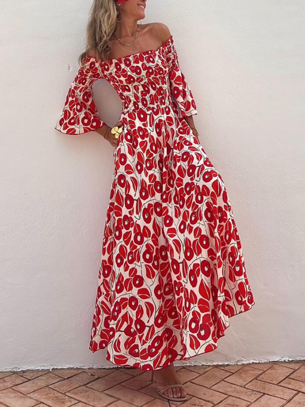 Off-Shoulder Smocked Maxi Dress