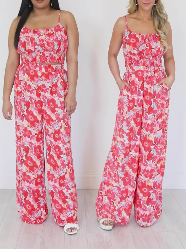 Boho Floral Two Piece Pant Set In Red Pappy