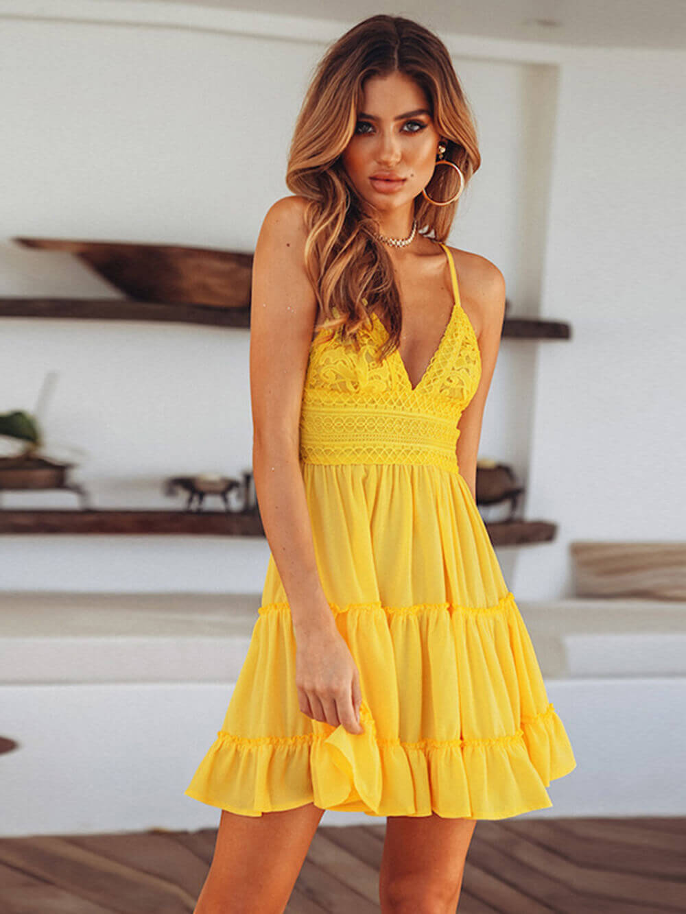 Lace-Trim V-Neck Mini Dress