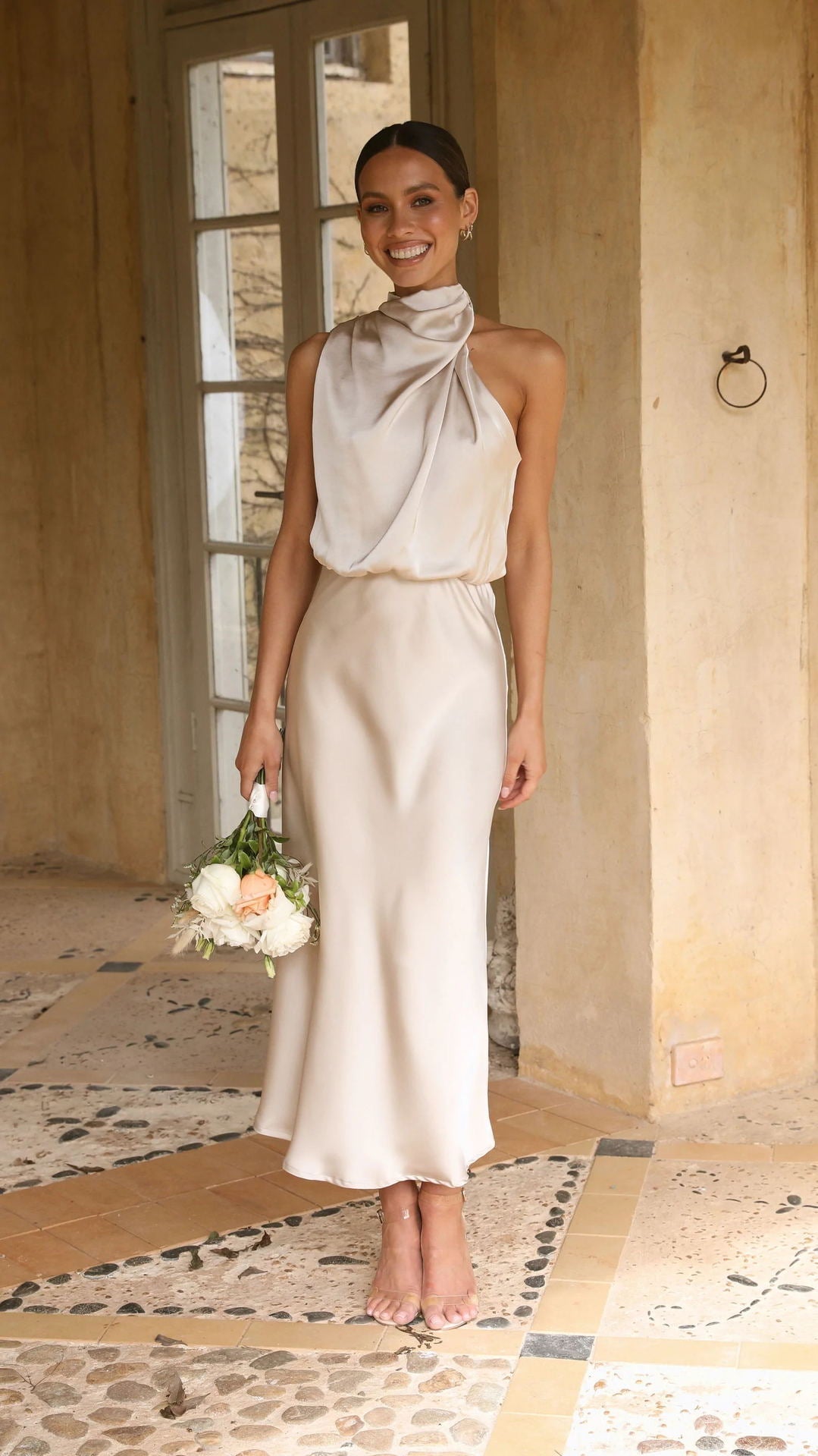 High Neck Draped Midi Dress