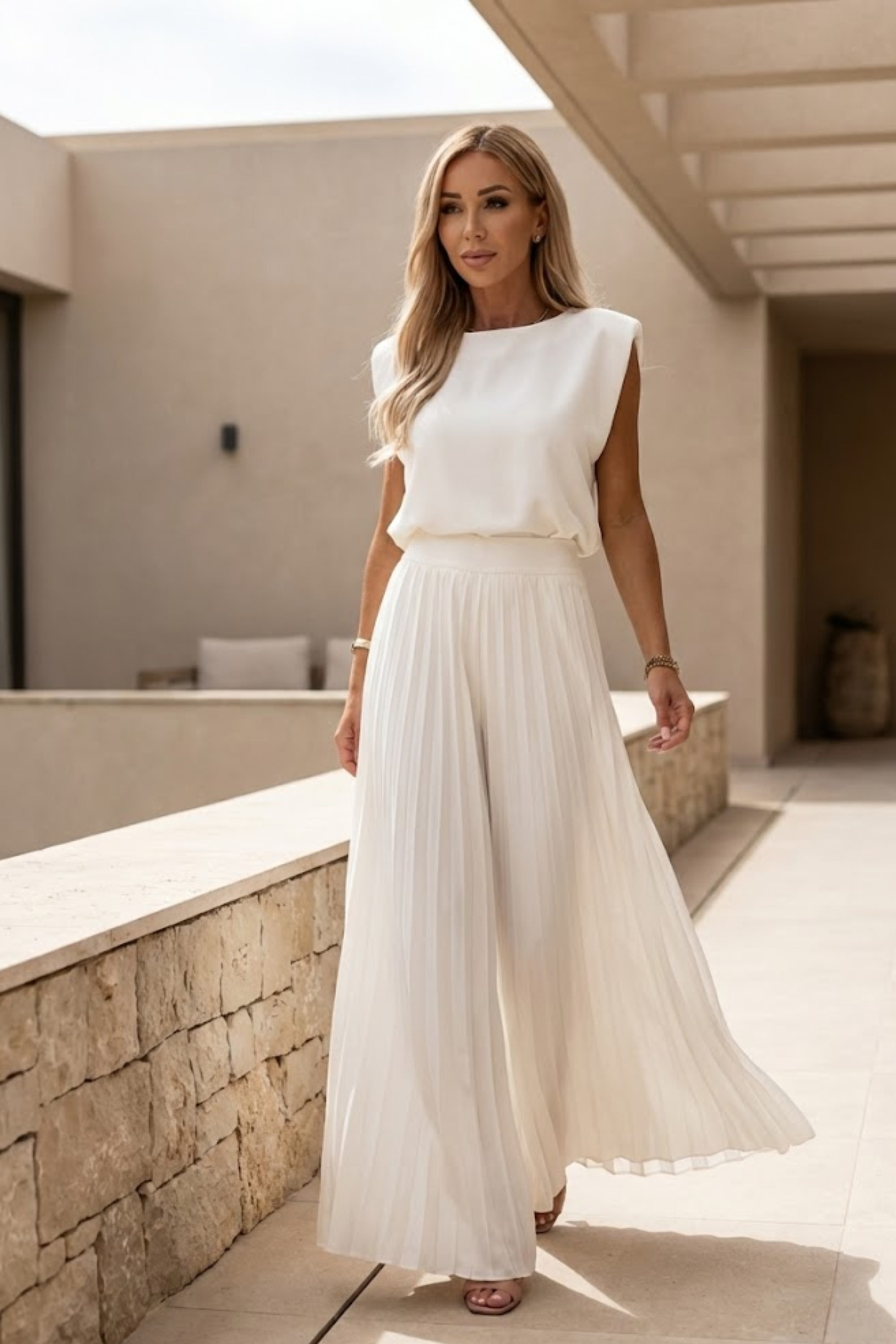 Padded-Shoulder Wide-Leg Trouser Set