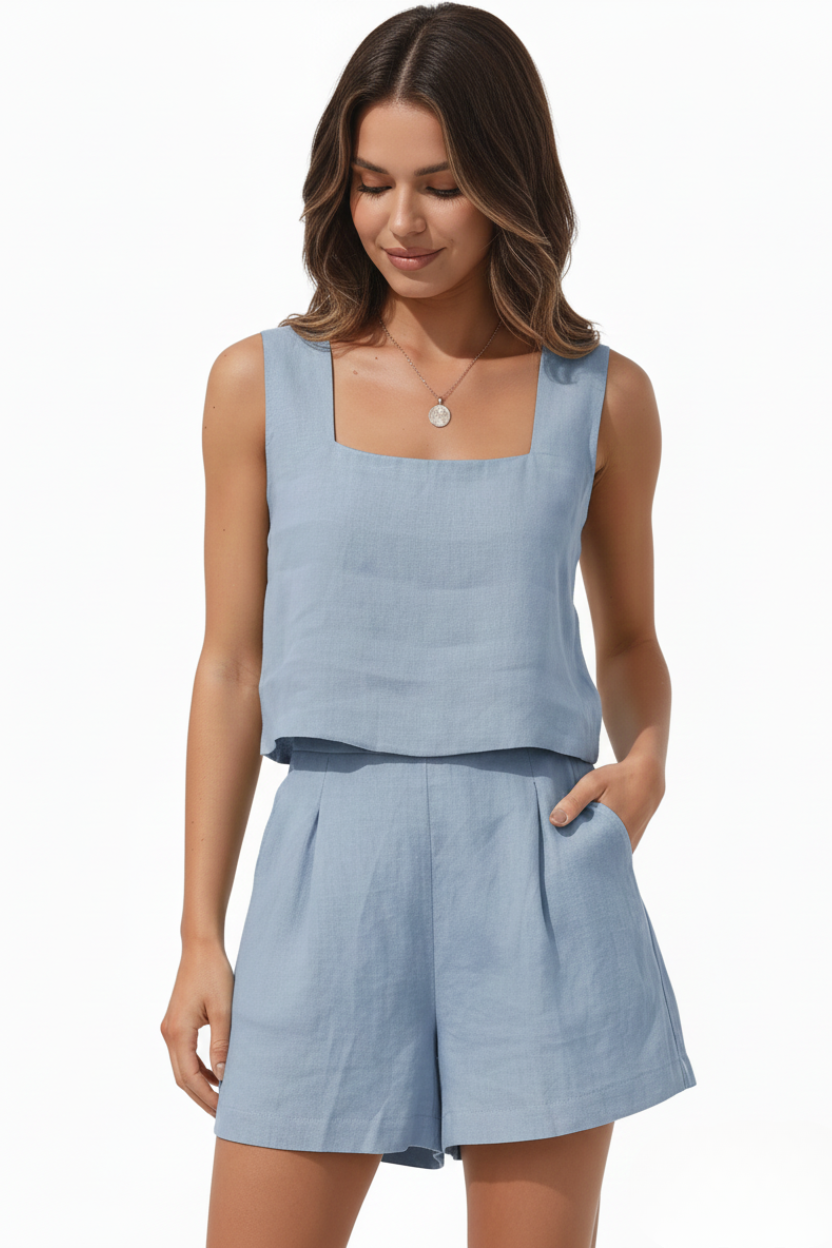 Linen Square-Neck Shorts Set