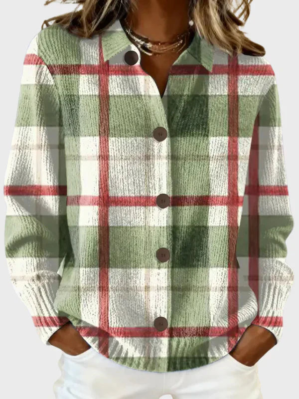 Green and red plaid knit cardigan with brown buttons and ribbed cuffs.