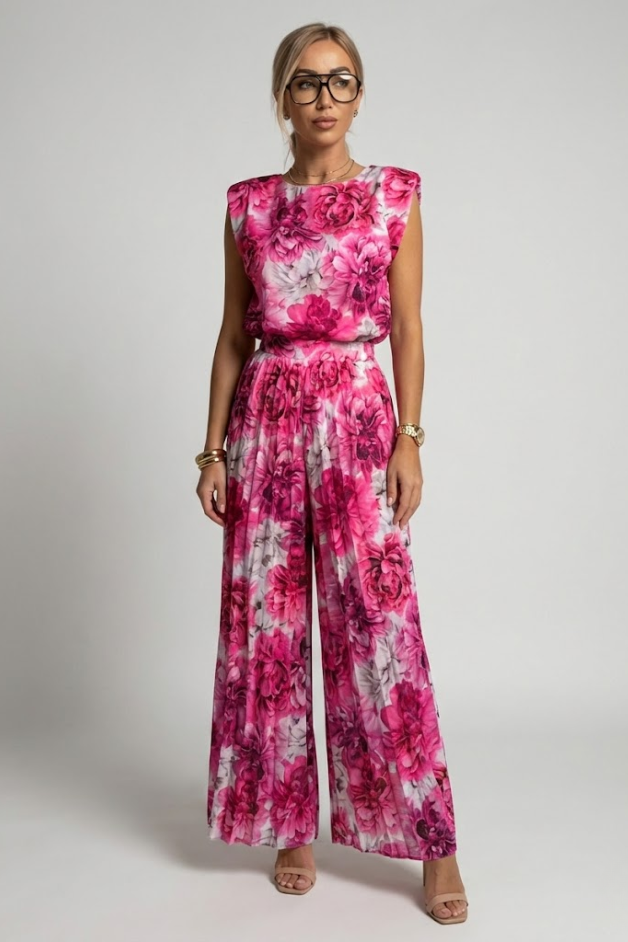 Padded-Shoulder Wide-Leg Trouser Set