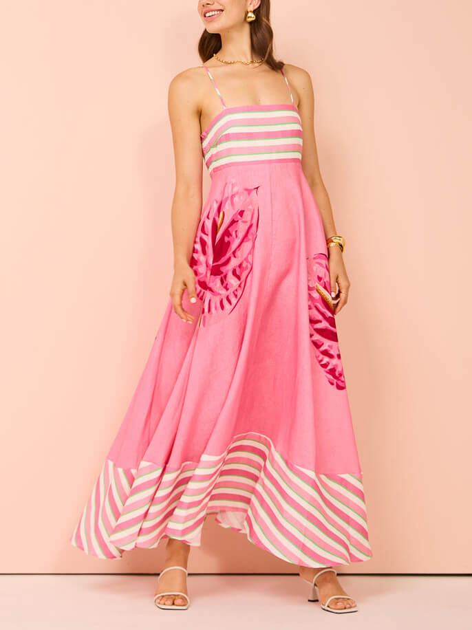 Striped Floral Strap Maxi Dress