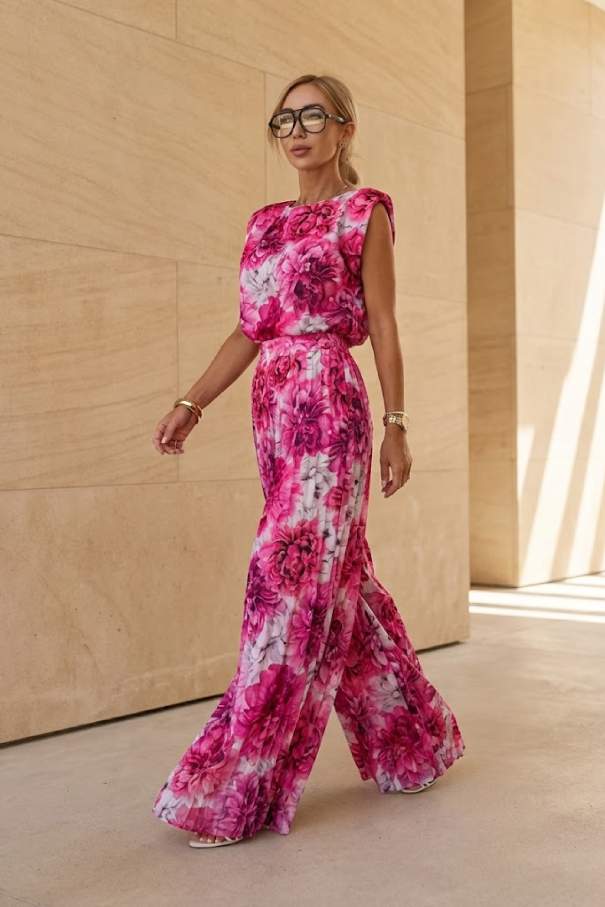 Padded-Shoulder Wide-Leg Trouser Set