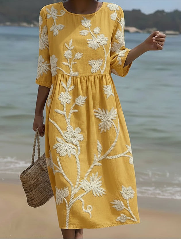 Yellow Floral Print Midi Dress