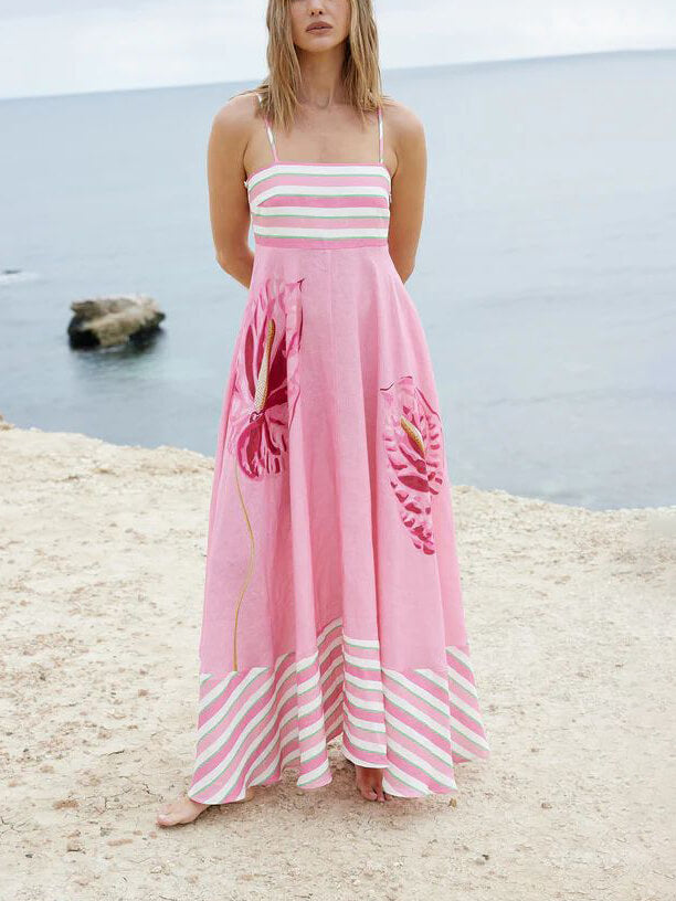 Striped Floral Strap Maxi Dress