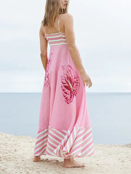 Striped Floral Strap Maxi Dress
