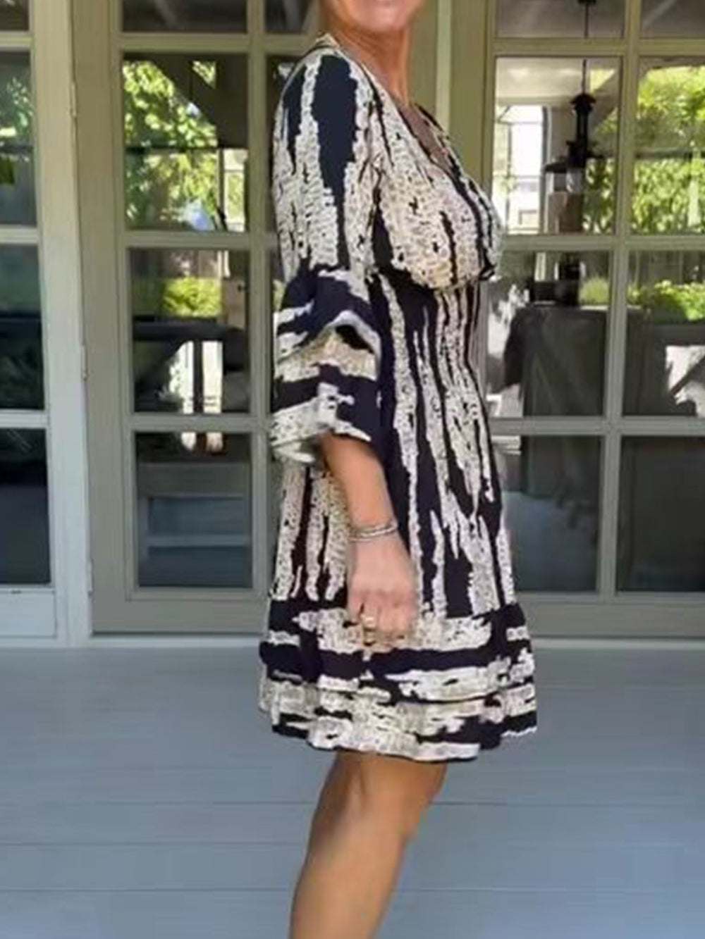 Chevron Pleat V-Neck Dress