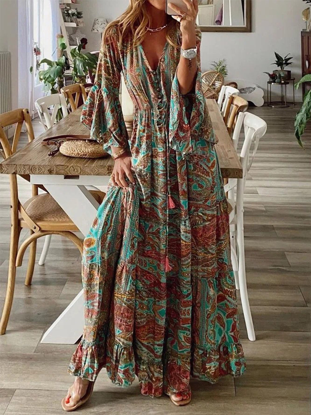 Bell Sleeve Boho Maxi Dress