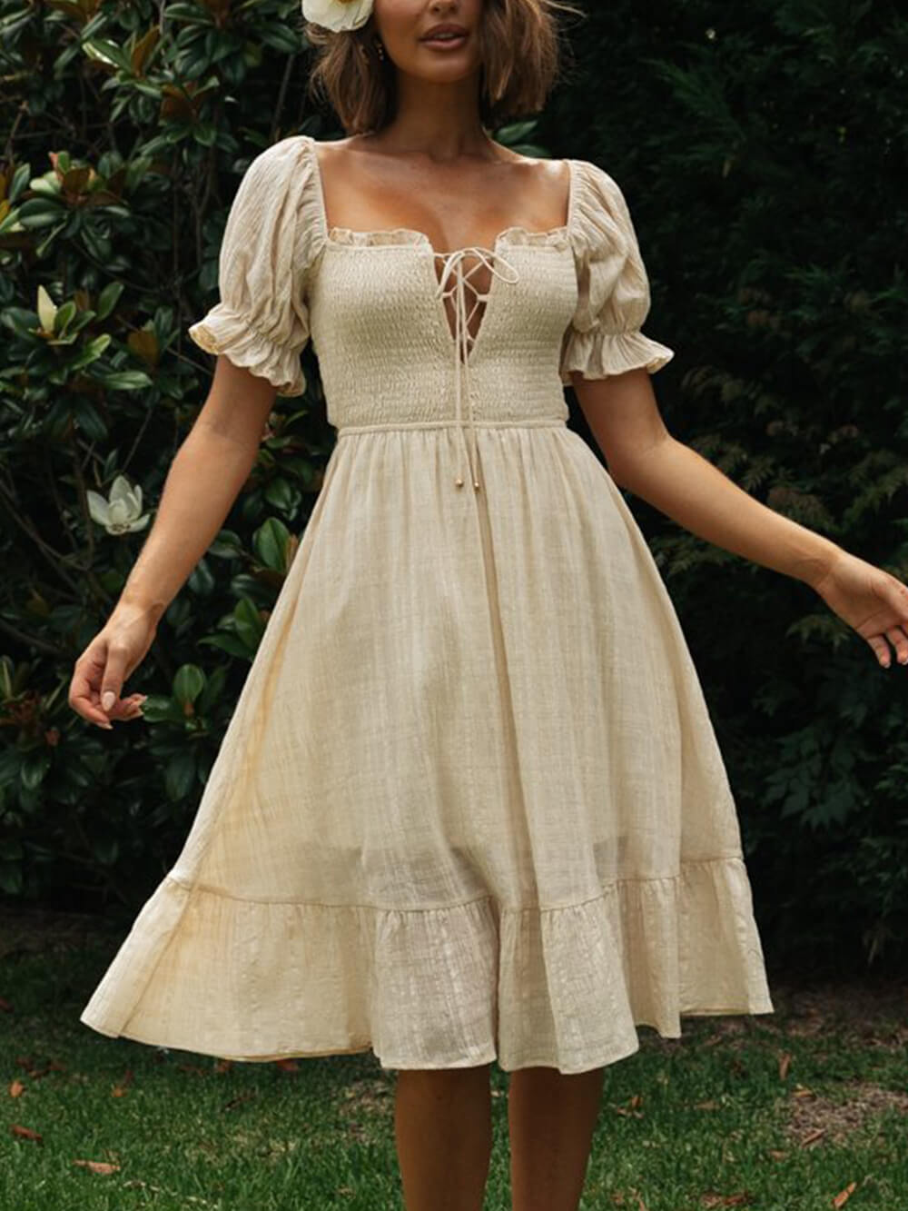 Cutout Waist Pastoral Midi Dress
