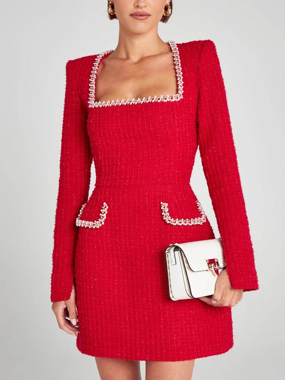 Pearl-Trim Slit Sleeve Mini Dress