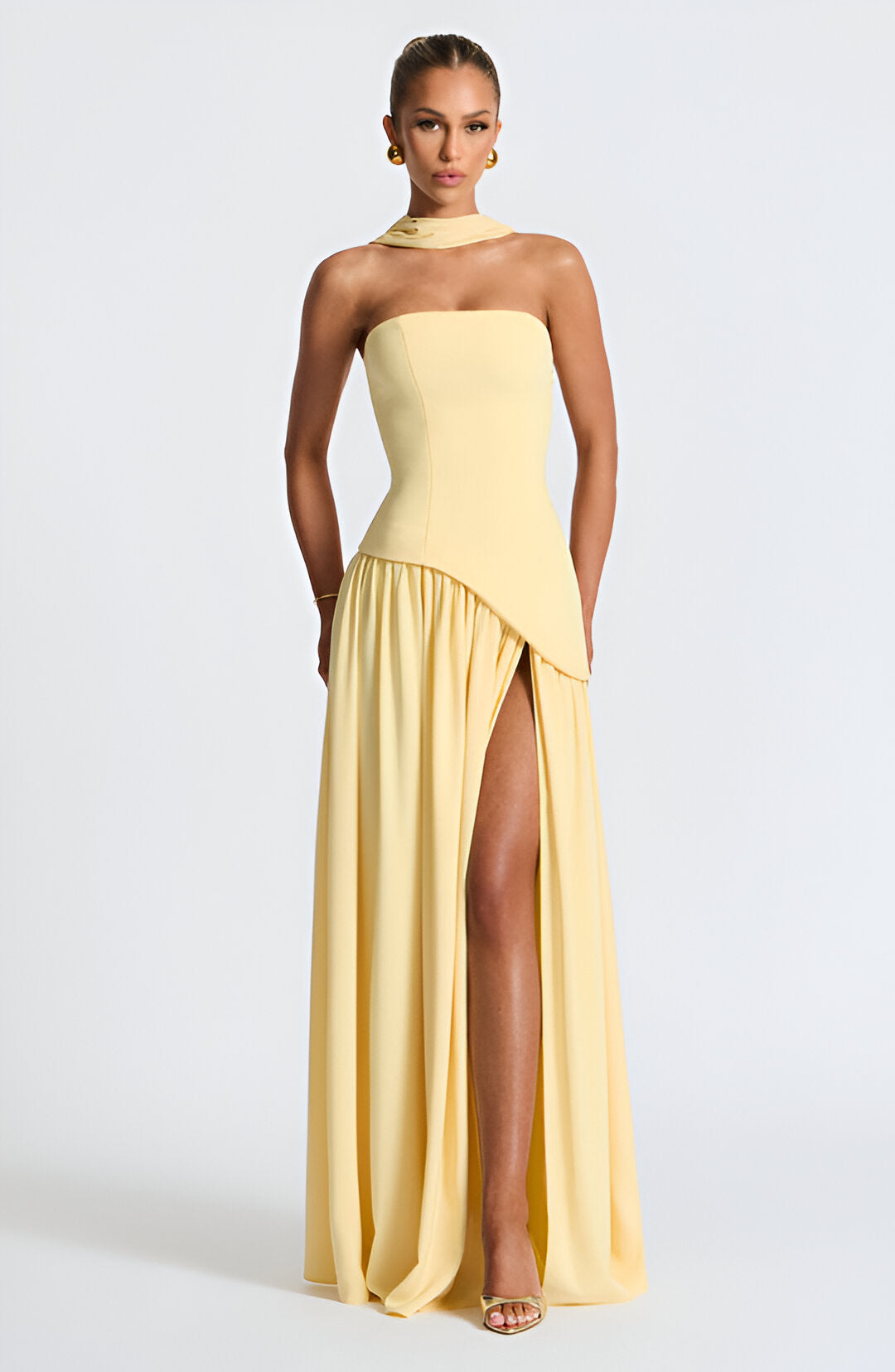 Strapless High Slit Scarf Maxi Dress