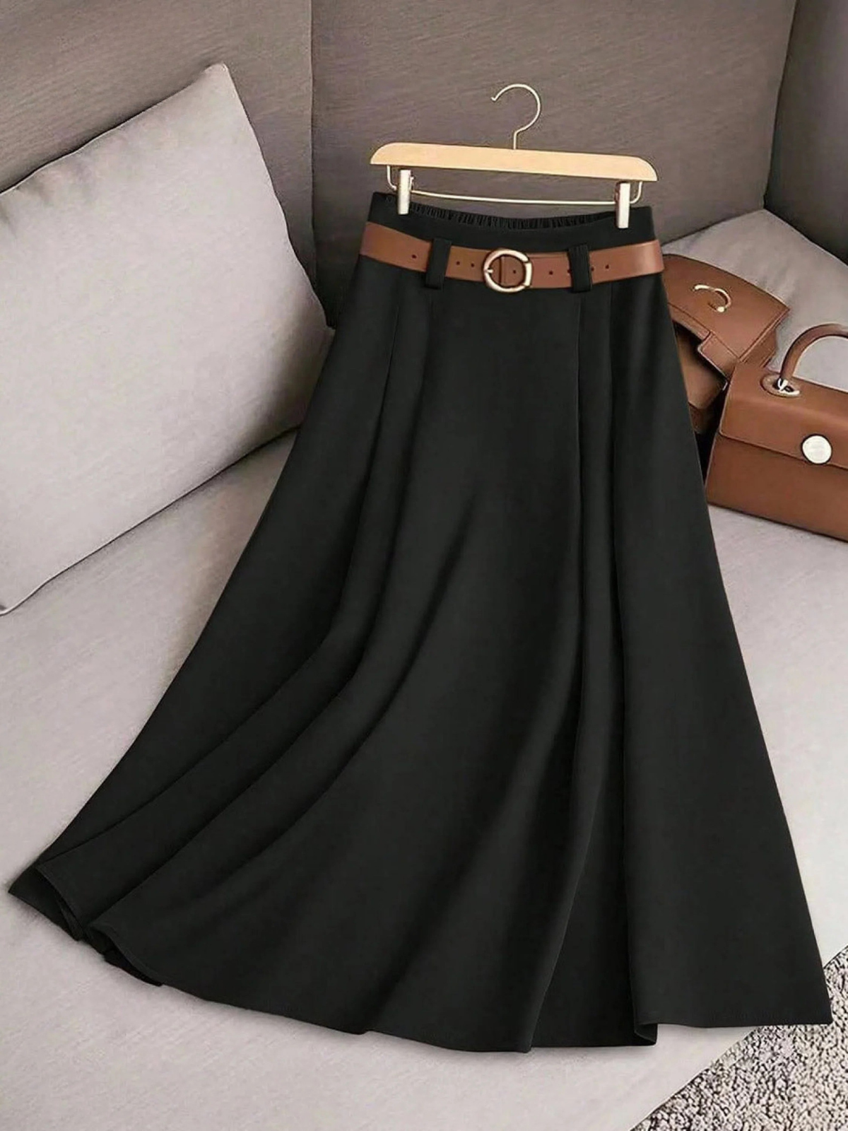 Pleated A-Line Belted Midi Skirt
