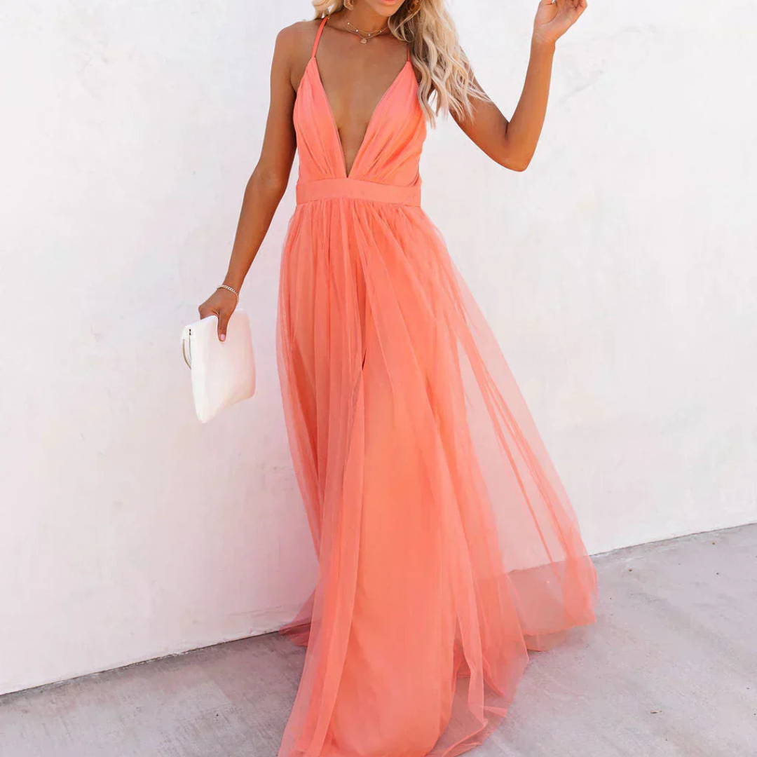 Deep V-Neck Tulle Maxi Dress
