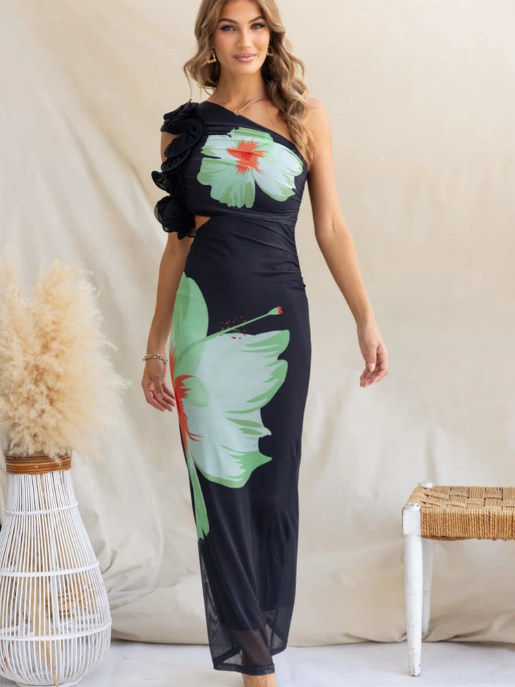 Print One-Shoulder Slim Maxi Dress
