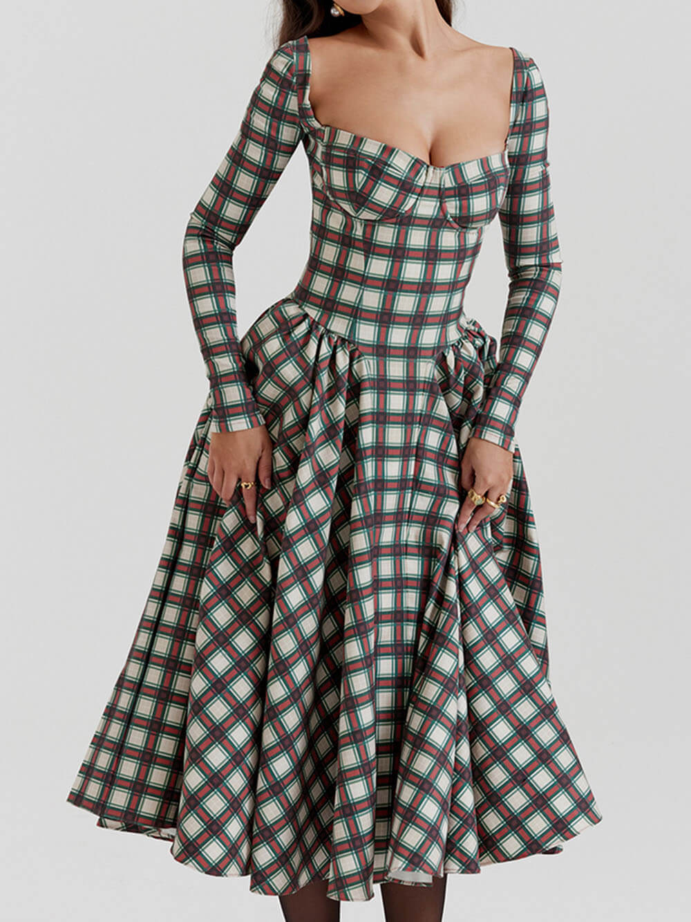 Red Tartan Corset Midi Dress