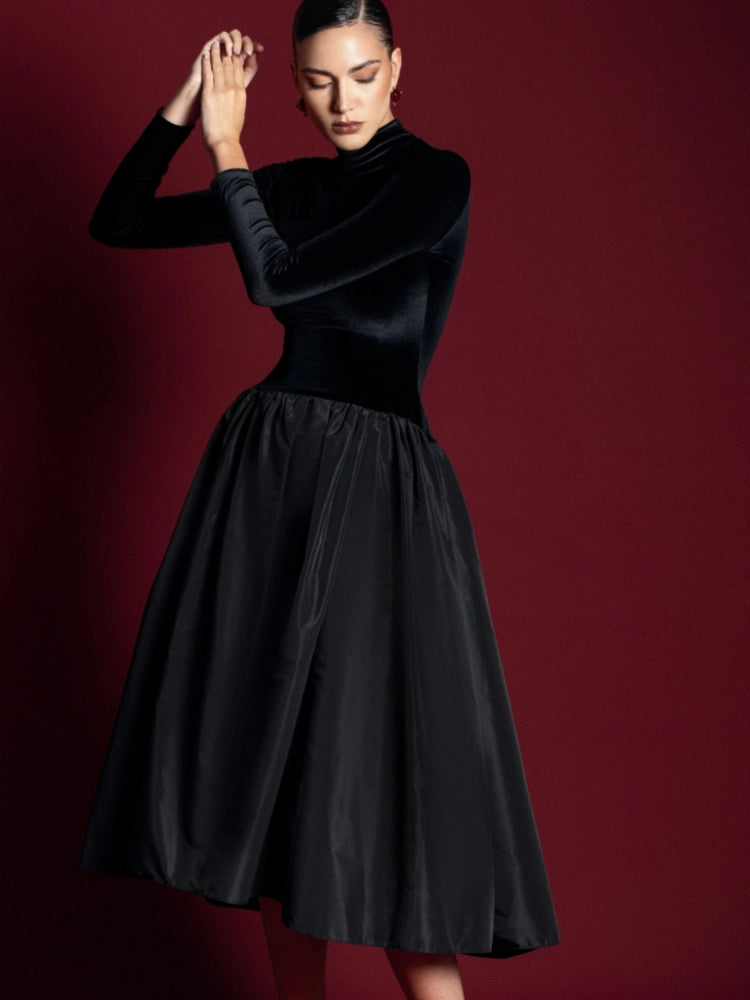 Mock-Neck Fit-and-Flare Midi Dress