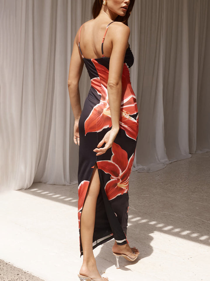Black Floral Stretch Midi Dress