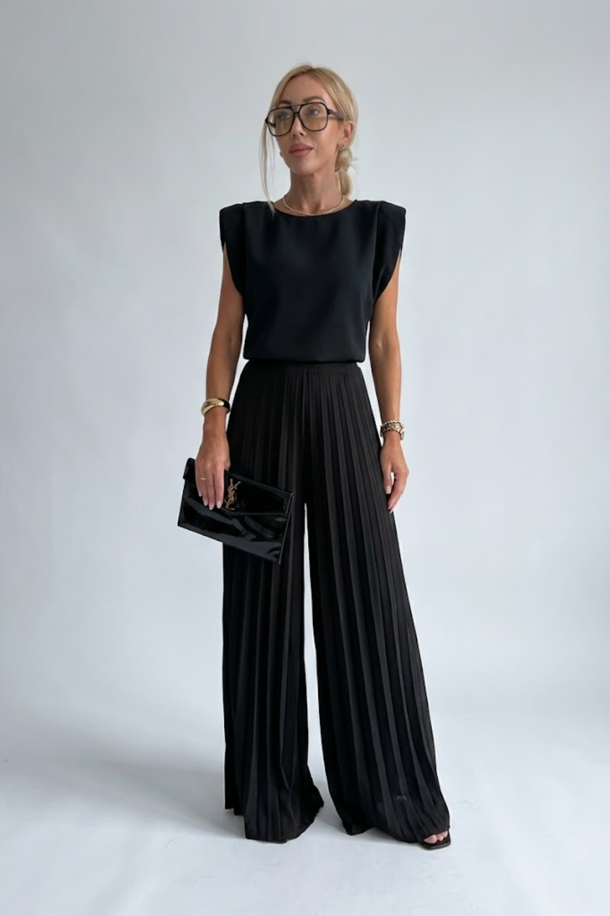 Padded-Shoulder Wide-Leg Trouser Set