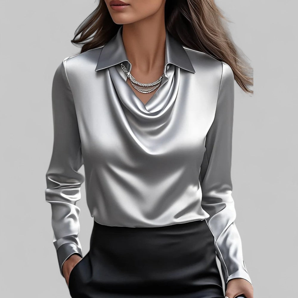 Draped Cowl-Neck Satin Top