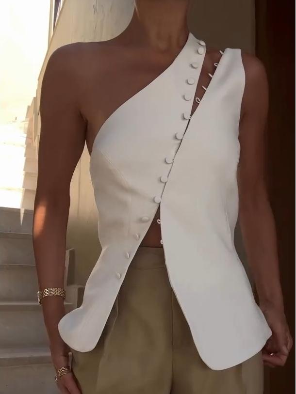 One-Shoulder Asymmetric Button Top