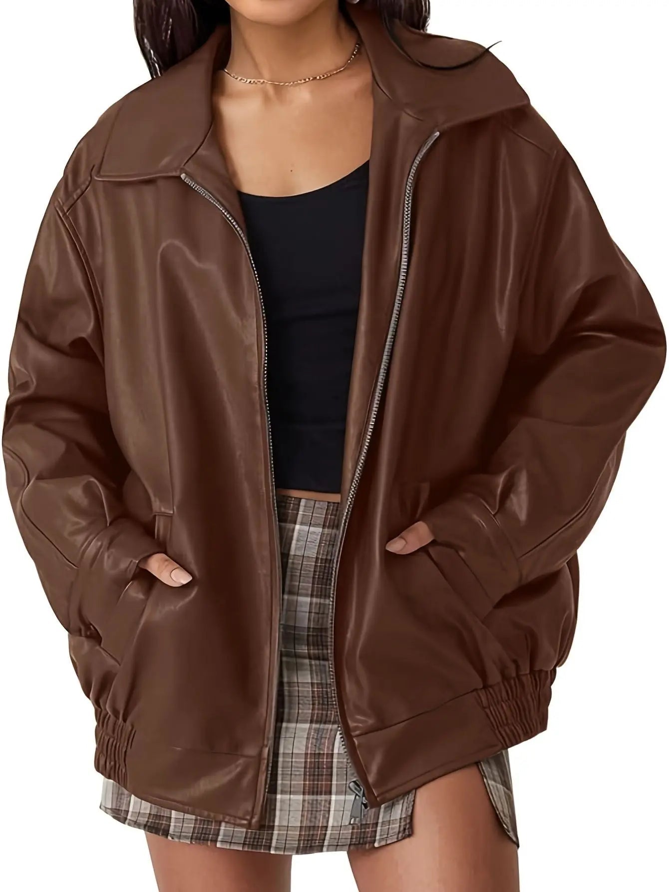 Oversized Faux Leather Bomber Jacket