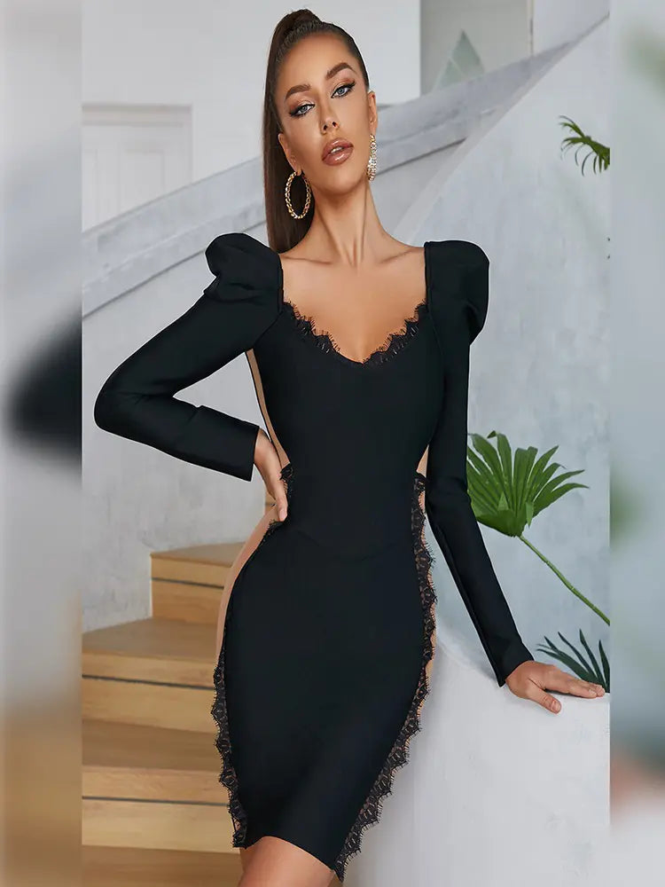 Lace V-Neck Puff Sleeve Party Dress