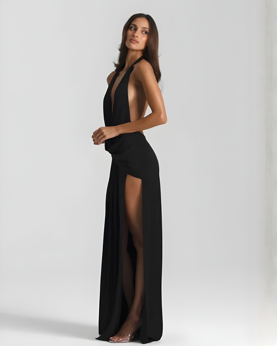Plunge Halter Backless Maxi Dress