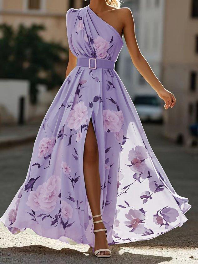 One-Shoulder Peony Chiffon Maxi Dress