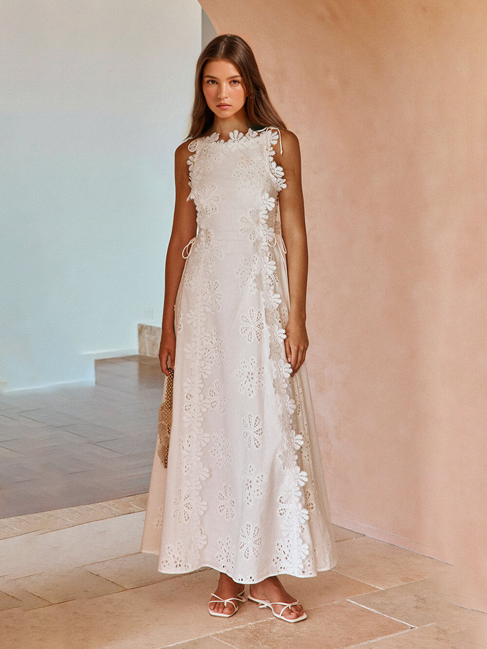 Crochet Lace-Up Maxi Dress